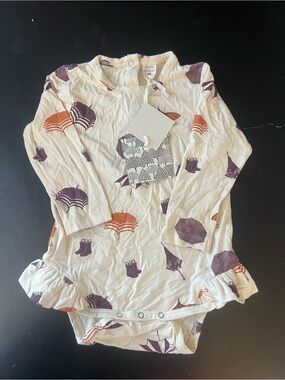 kate quinn Cream Bamboo Long-Sleeve Bodysuit with Purple and Rust Umbrella Print